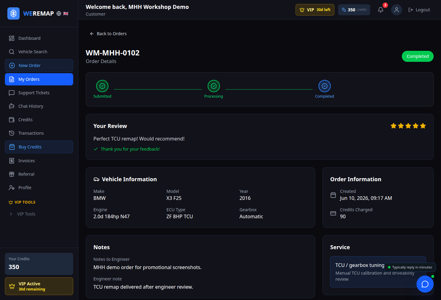 WEREMAP order status and engineer notes