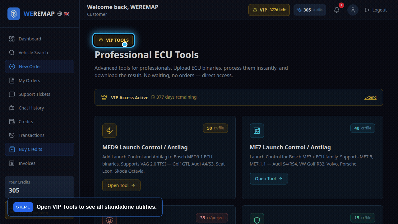 WEREMAP VIP Tools overview dashboard workflow