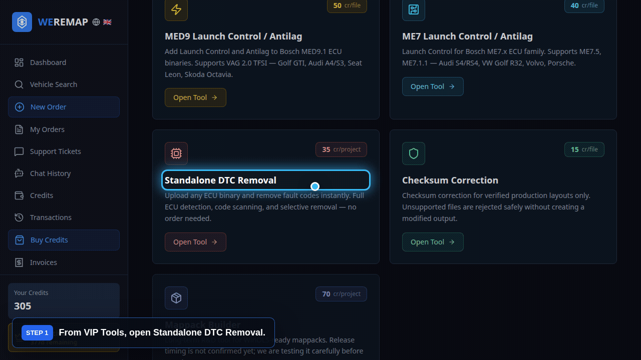 WEREMAP VIP standalone DTC removal workflow