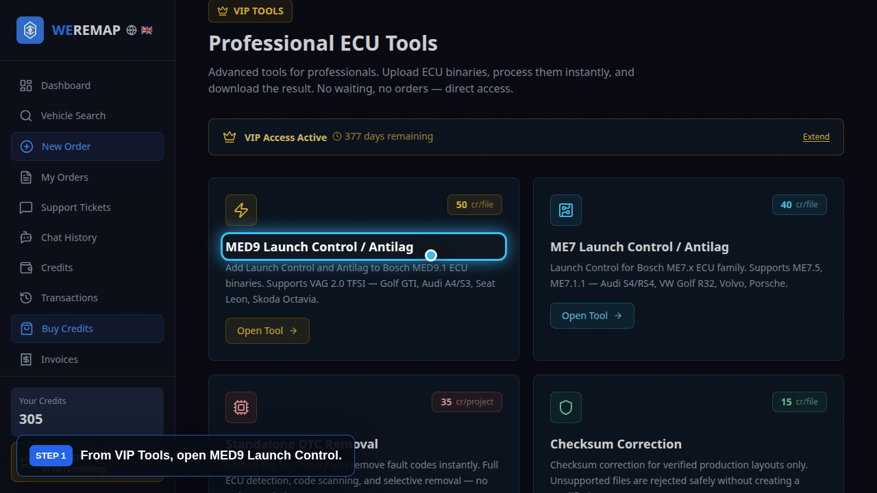 WEREMAP VIP launch control tool workflow