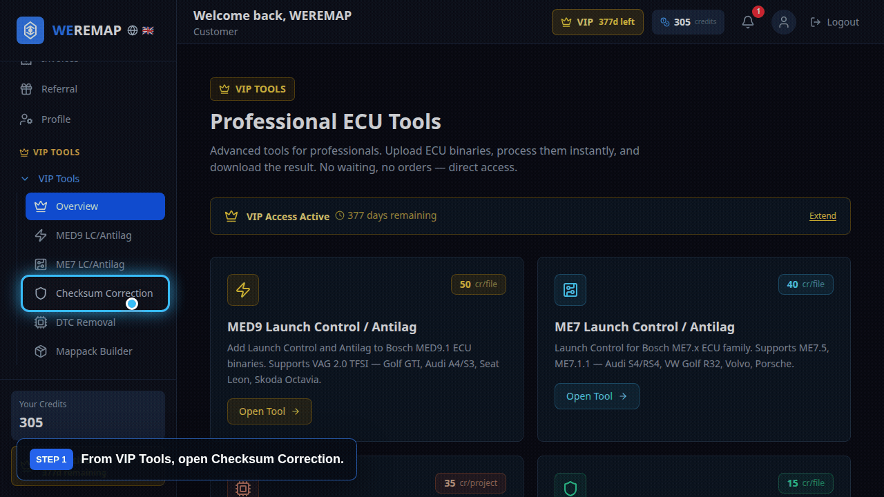 WEREMAP VIP checksum correction workflow